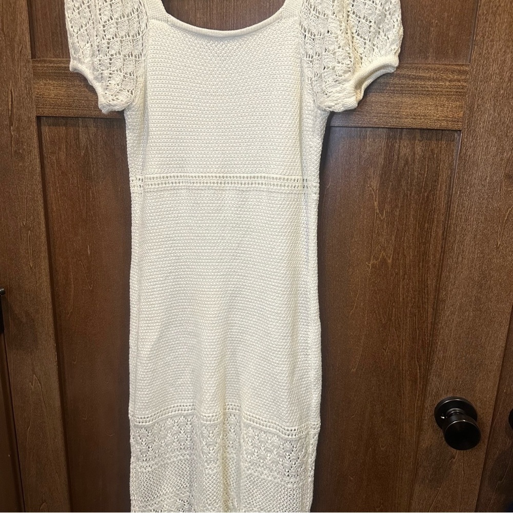 Cream Crochet Midi Dress with Short Puff Sleeves